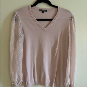 Adrianna Papell Pink V-Neck Sweater with Sheer Sleeves